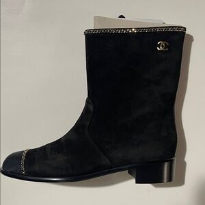 New CHANEL Black Boots with Gold Detailing